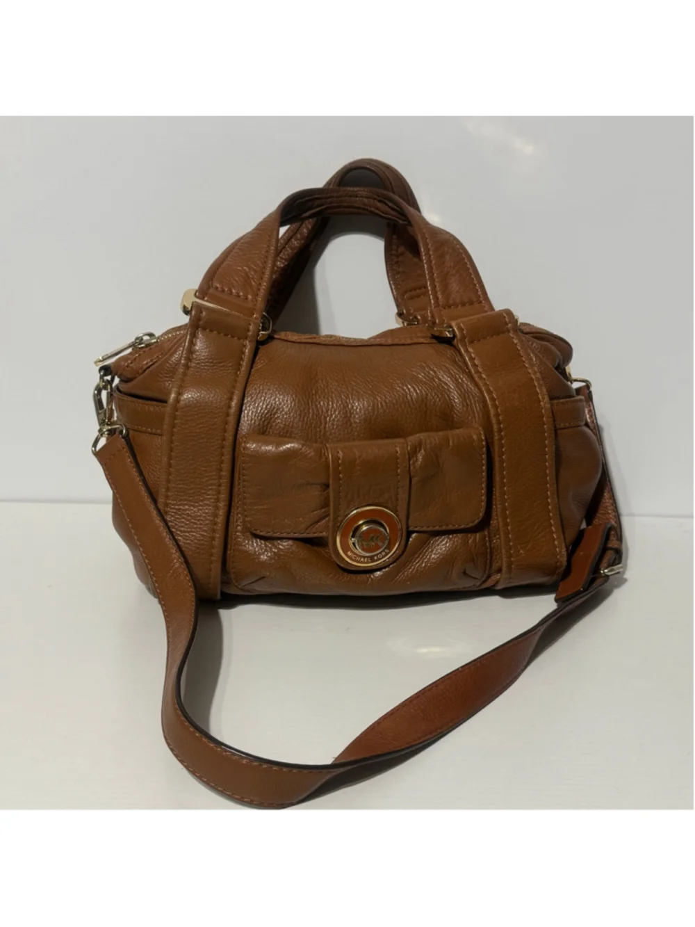 Michael Kors Brown Pebbled Leather Satchel Crossbody Bag Gold Hardware